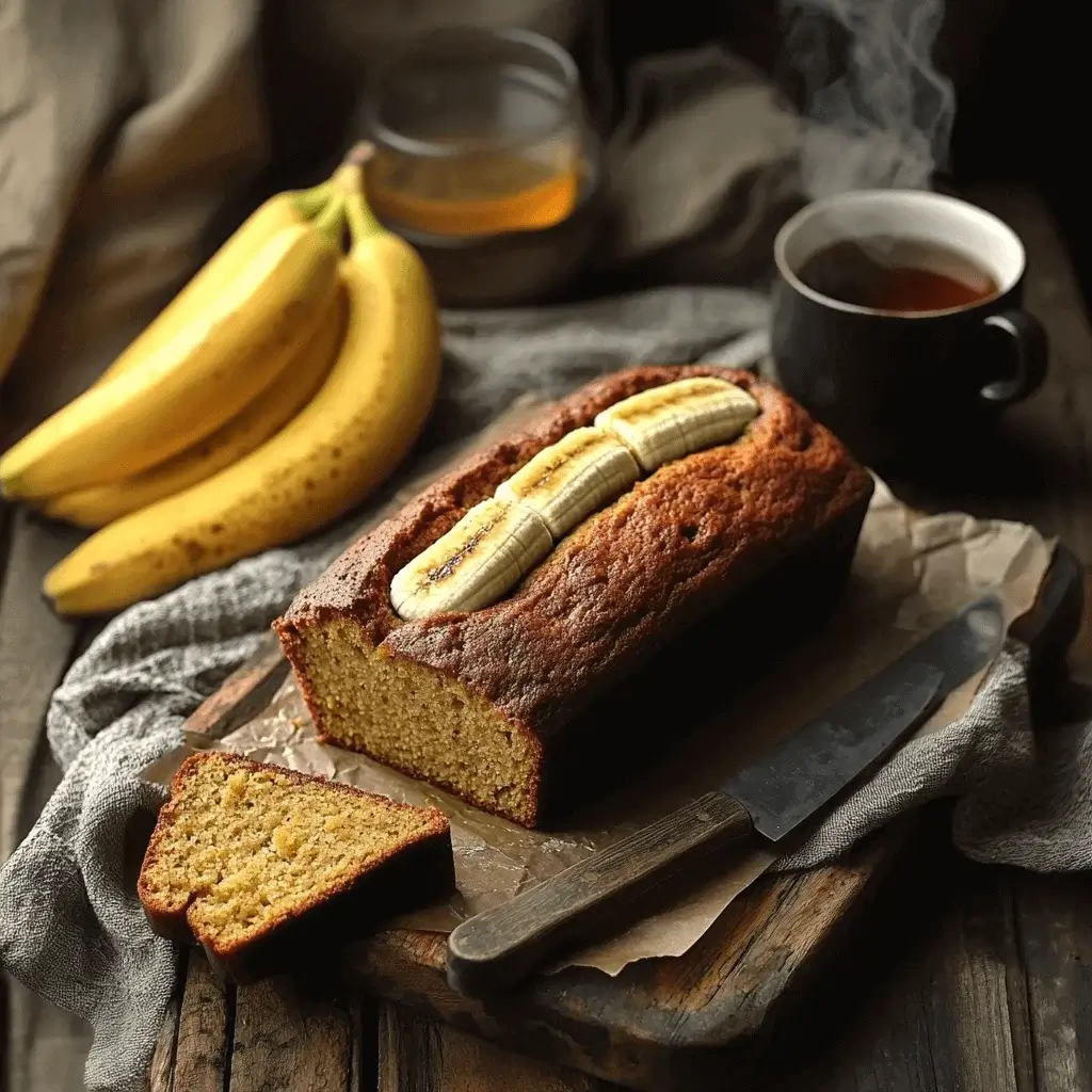 A freshly baked loaf of banana bread on a rustic wooden table.