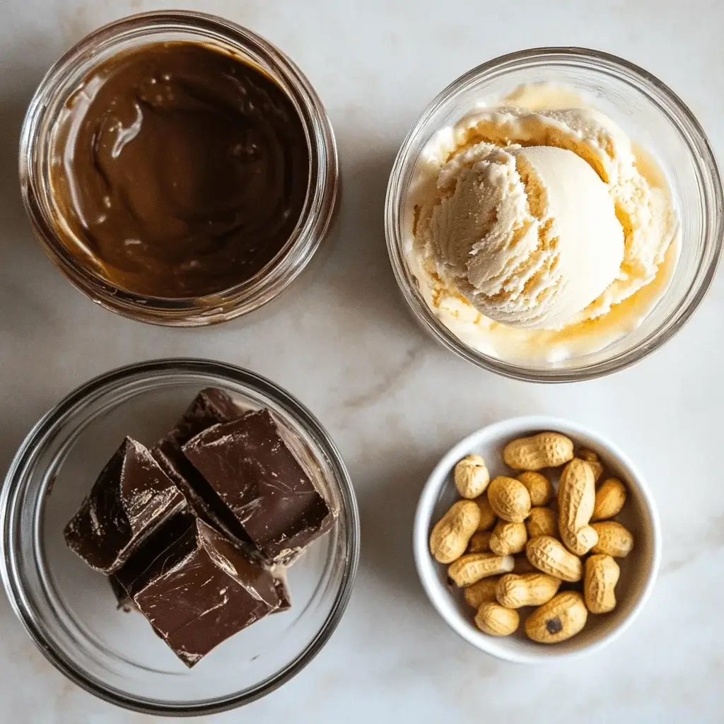 Ingredients for a Peanut Buster Parfait laid out on a kitchen counter