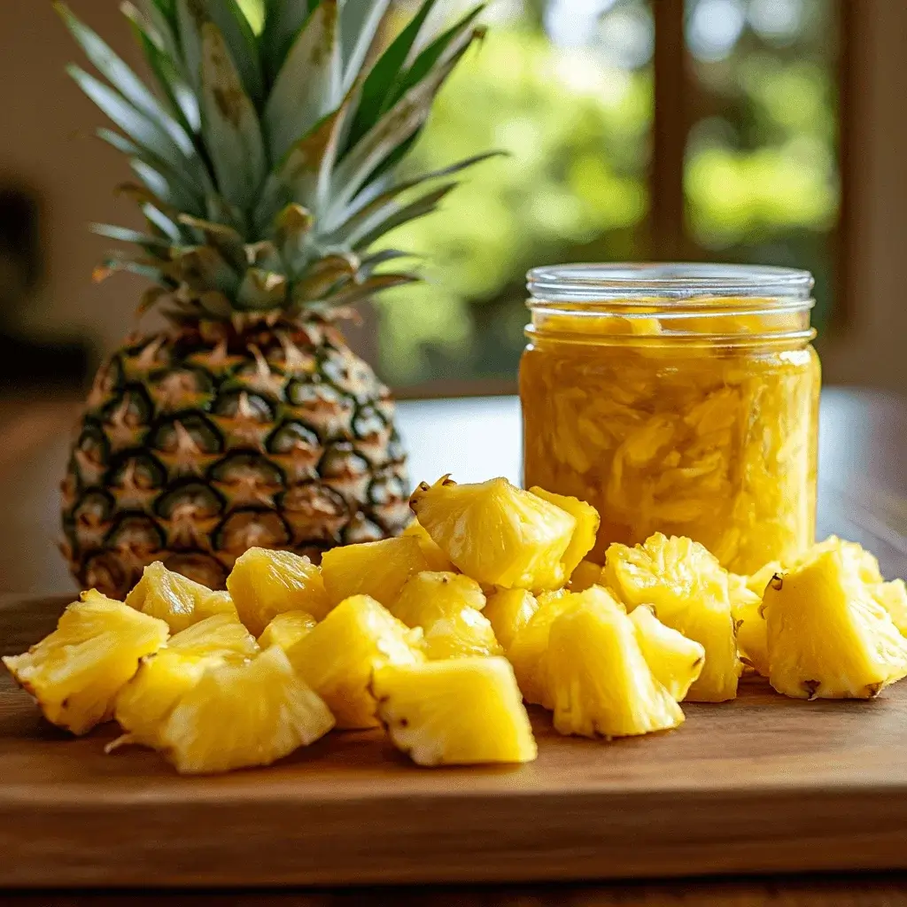 A comparison of canned pineapple and fresh pineapple on a wooden table.