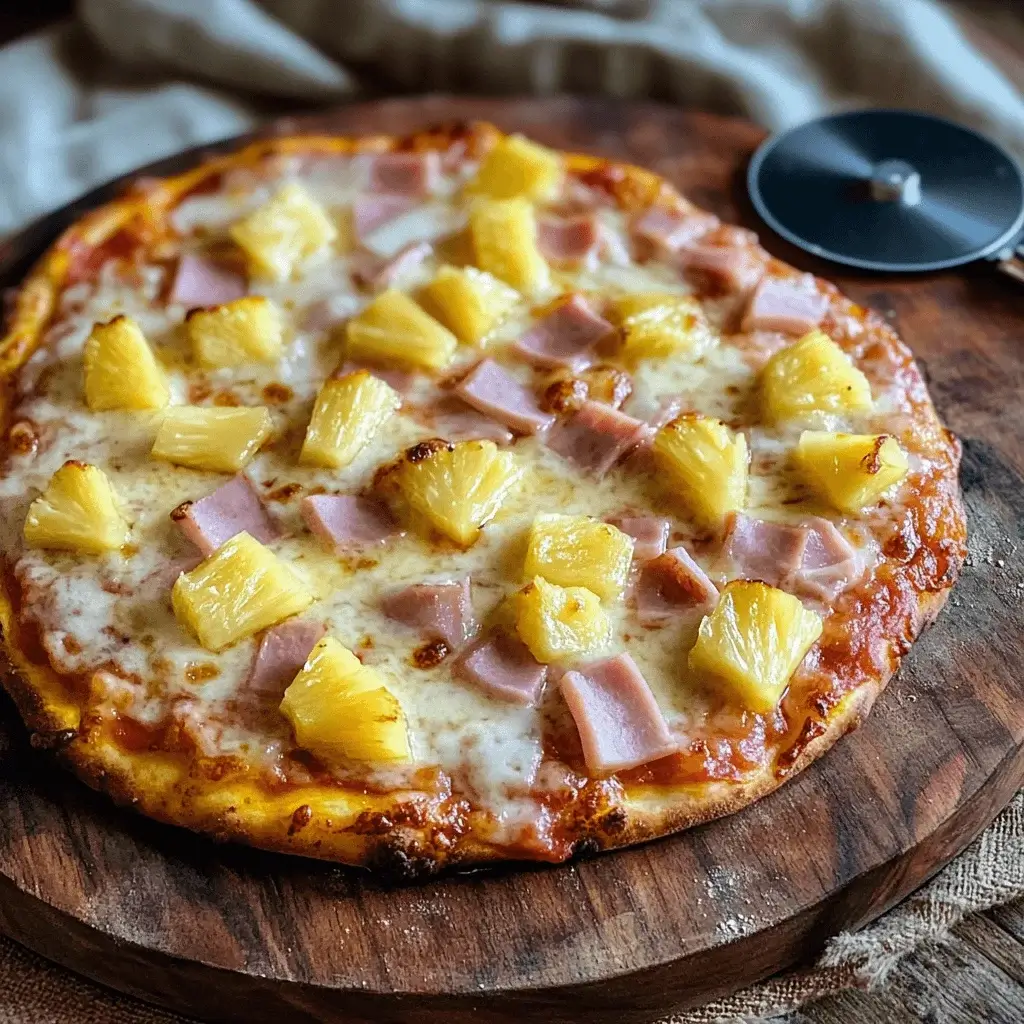 A Hawaiian pizza with canned pineapple slices.