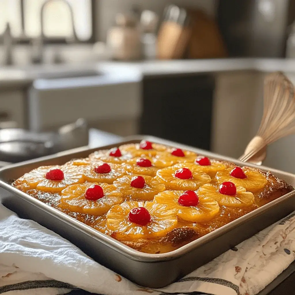 A freshly baked pineapple upside-down cake with canned pineapple.