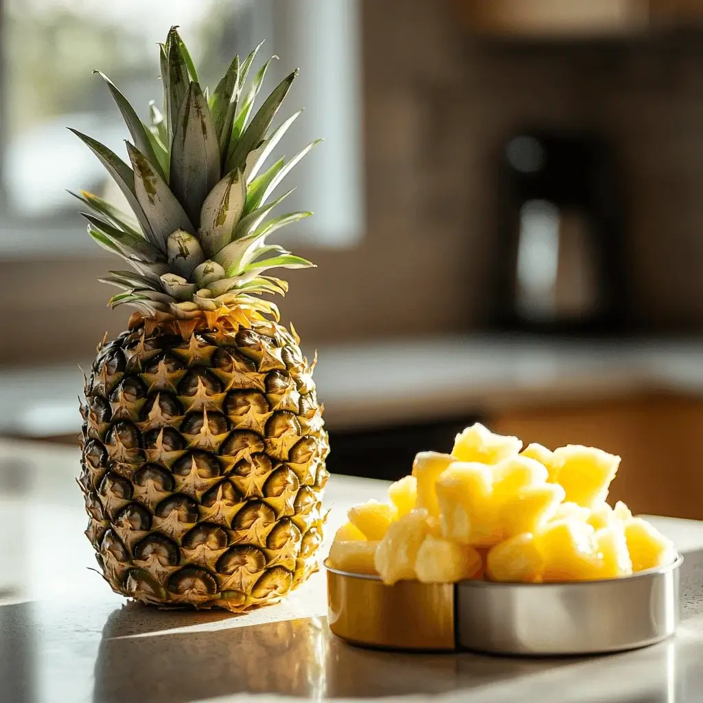 Fresh pineapple next to a can of pineapple