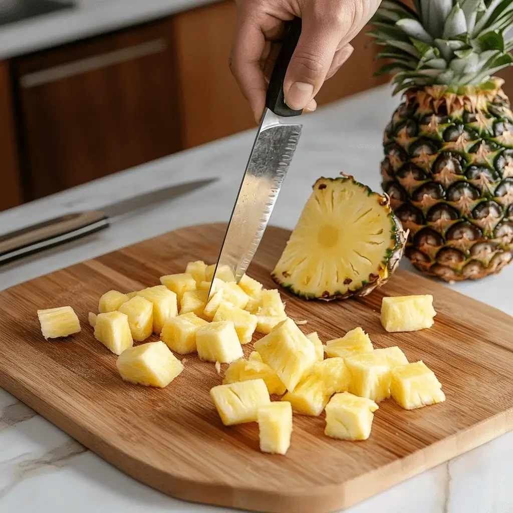 Fresh pineapple being peeled and diced