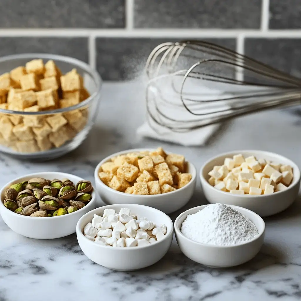 Pistachios, cereal, white chocolate, and powdered sugar arranged neatly on a countertop.