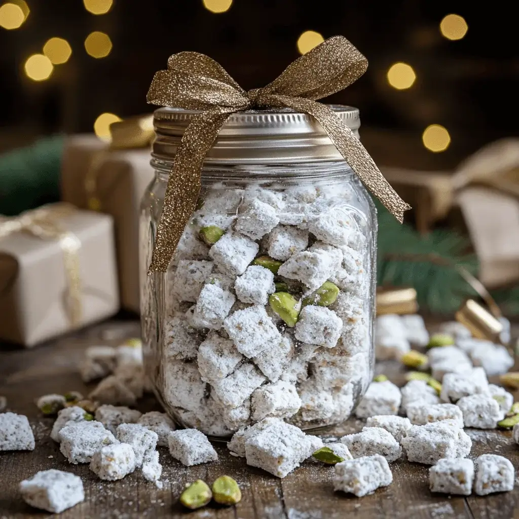 Pistachio puppy chow packaged in a mason jar with a ribbon for gifting.