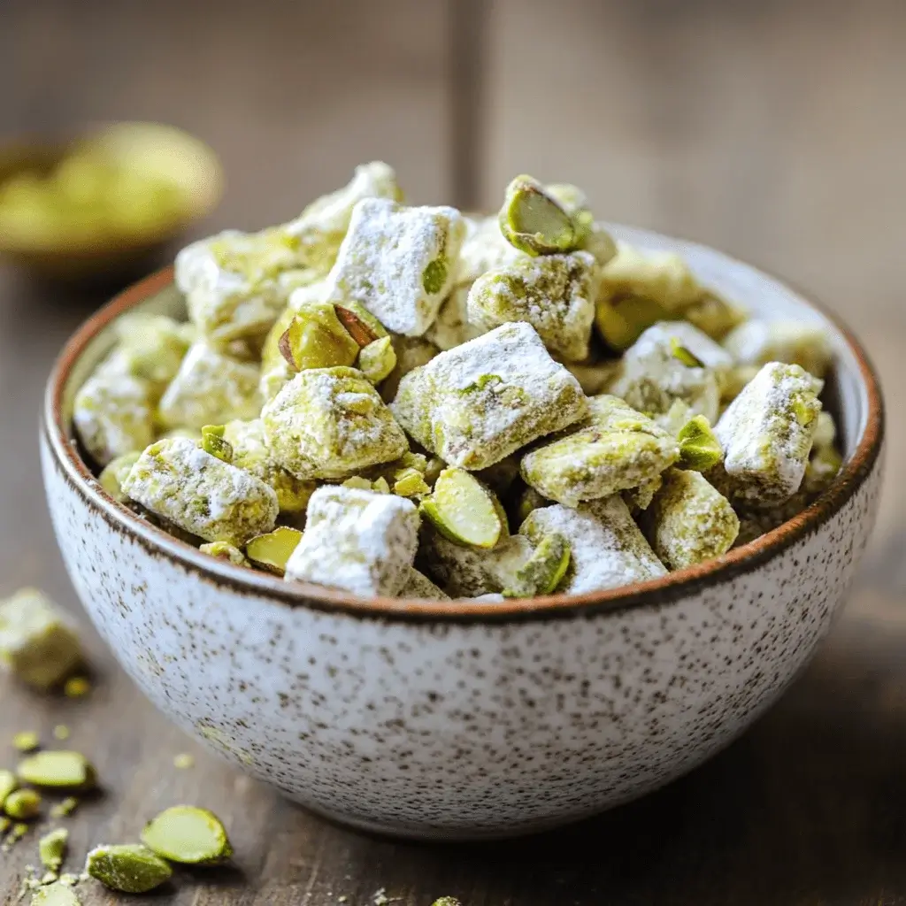 A delicious bowl of pistachio puppy chow with pistachios and powdered sugar on a rustic kitchen counter.