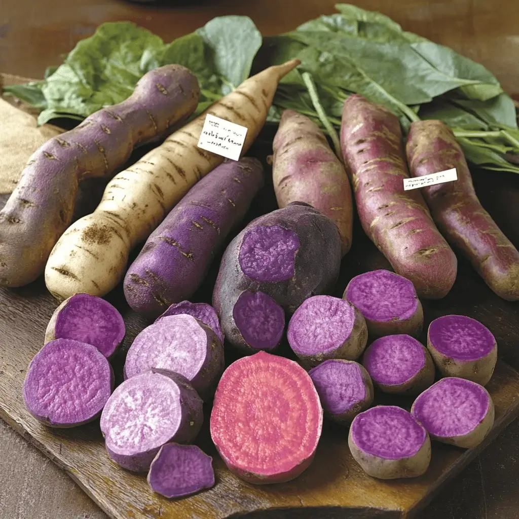 Different varieties of purple sweet potatoes on display.