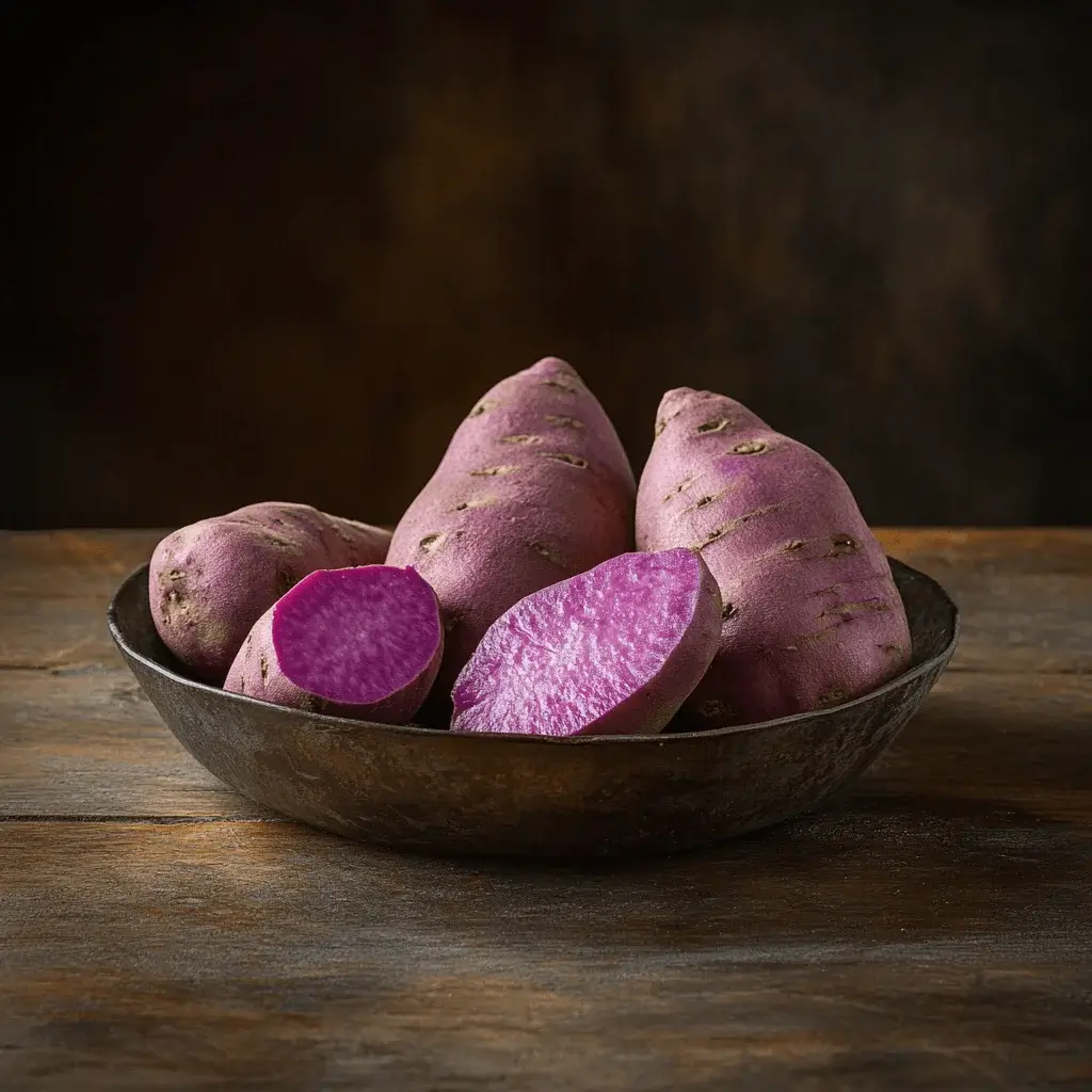 Fresh purple sweet potatoes on a wooden table