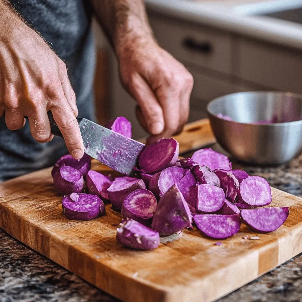 A person peeling purple sweet potatoes in a kitchen.