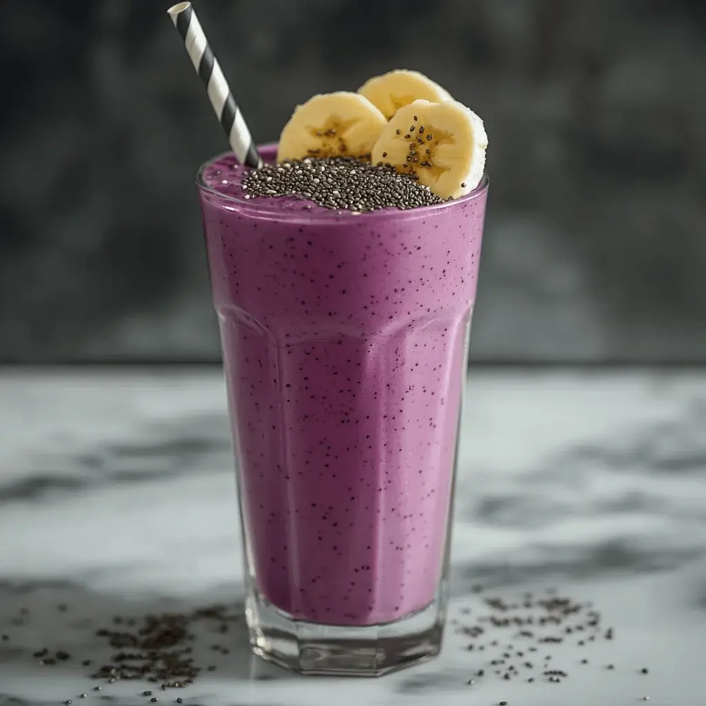 A glass of purple sweet potato smoothie on a table.