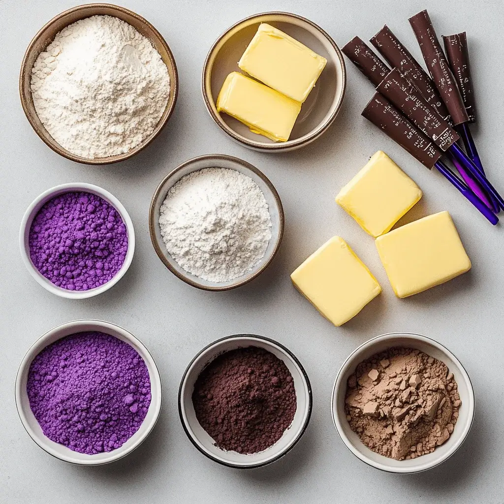 Ingredients used for making purple velvet cake.