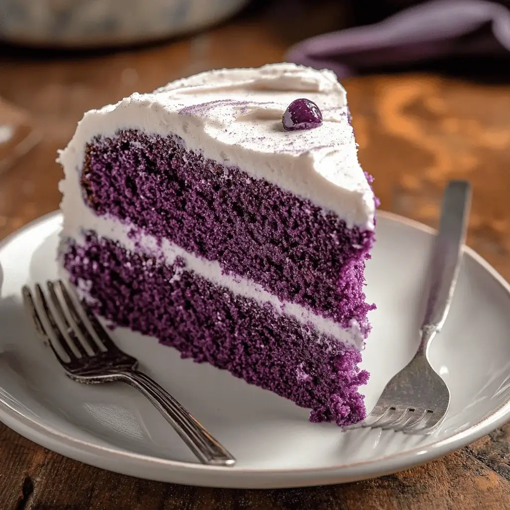 A fully decorated purple velvet cake ready to be served.