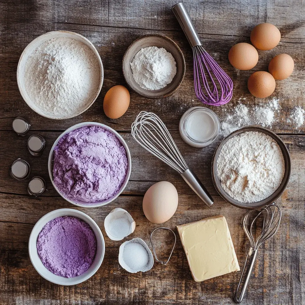 Ingredients for a purple velvet cake displayed on a wooden countertop.