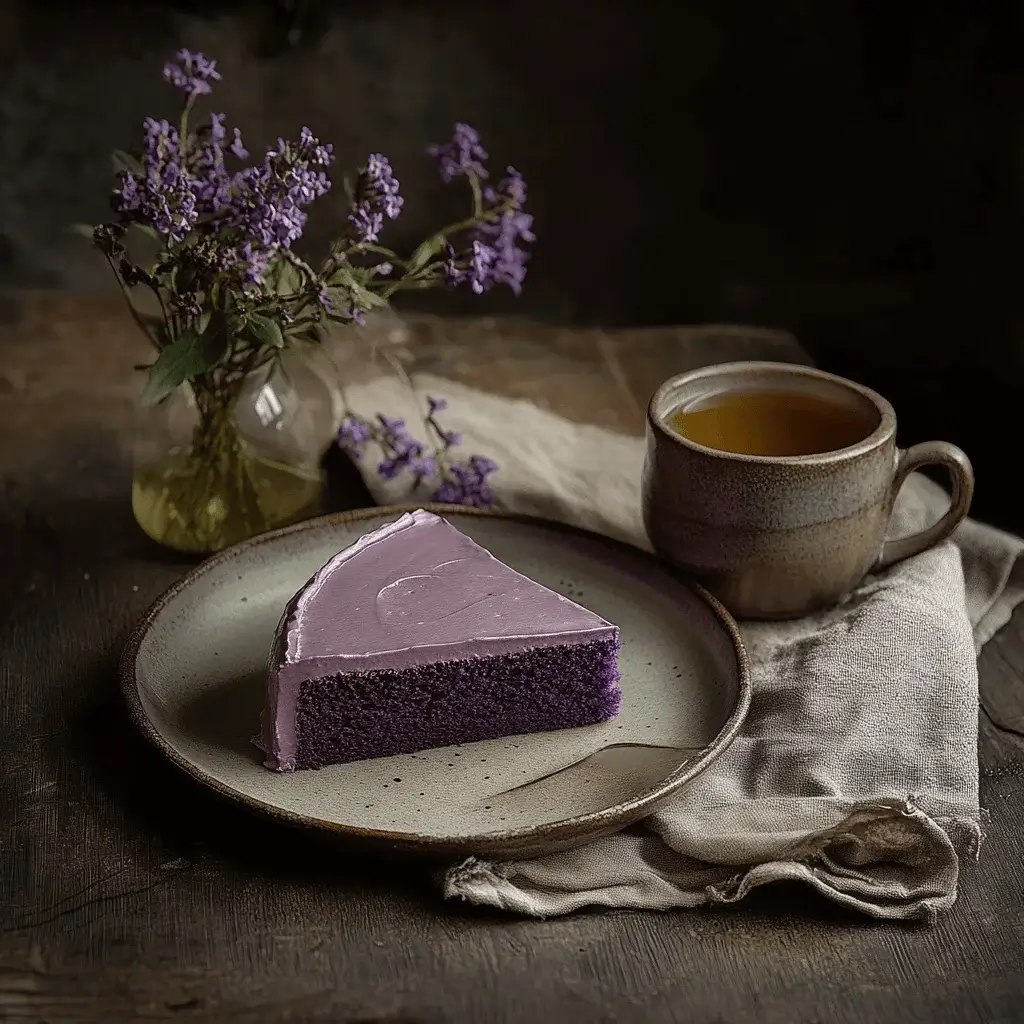 A slice of purple velvet cake served on a ceramic plate with a cup of tea.