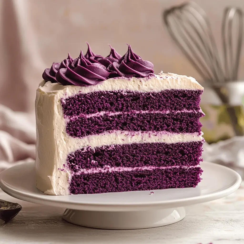 A slice of purple velvet cake on a white plate with vibrant frosting.