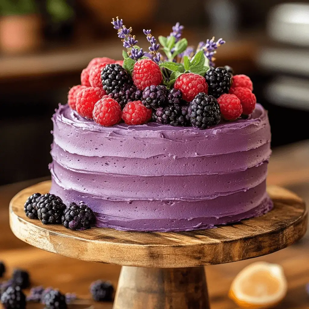 A beautifully decorated whole purple velvet cake with floral garnish.