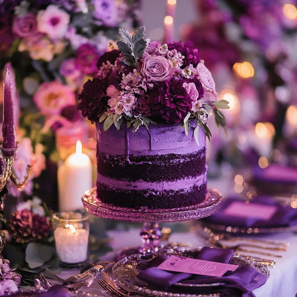 Purple velvet cake on a table set for a wedding or party.