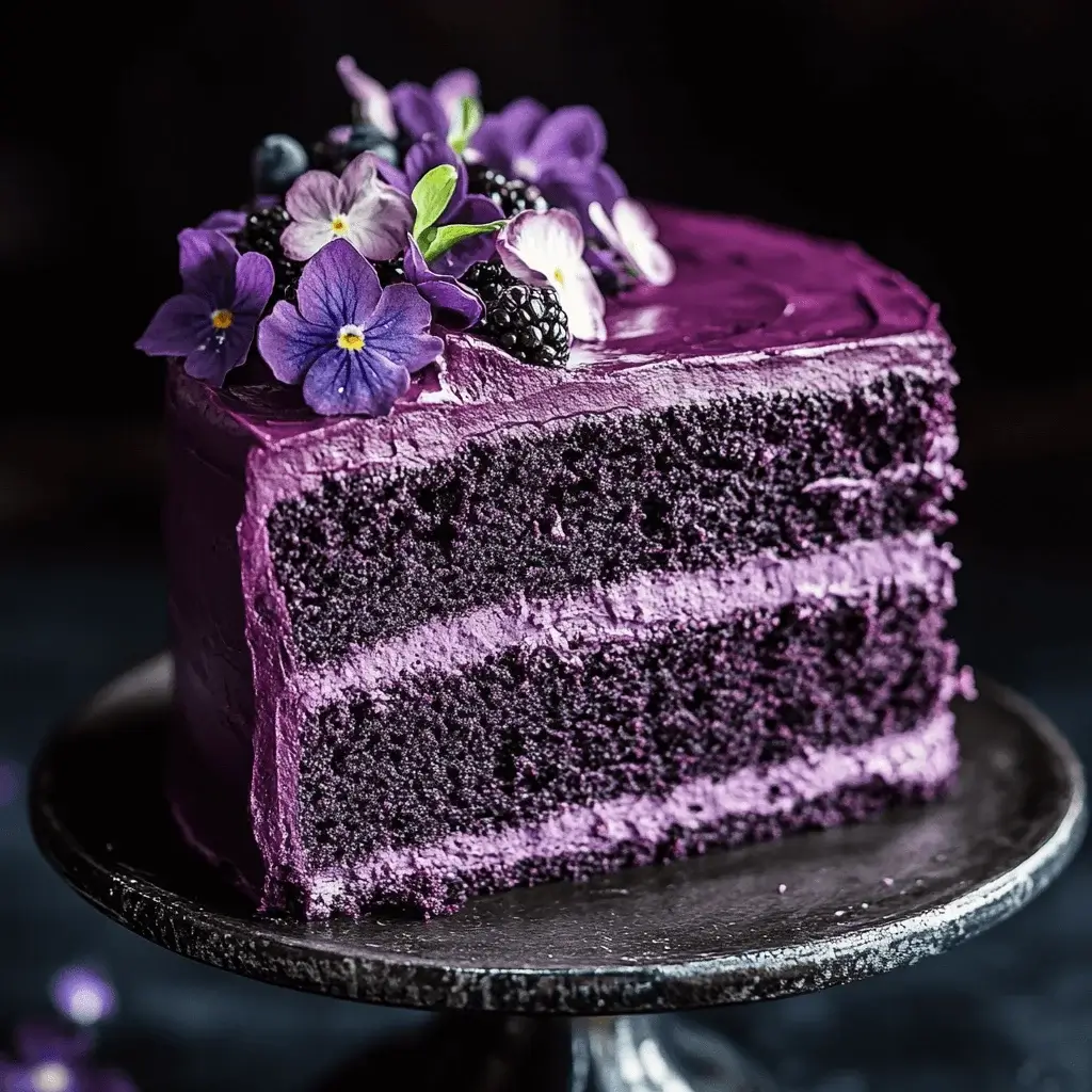 A beautifully decorated purple velvet cake with vibrant purple layers and creamy frosting, adorned with fresh berries and lavender sprigs.