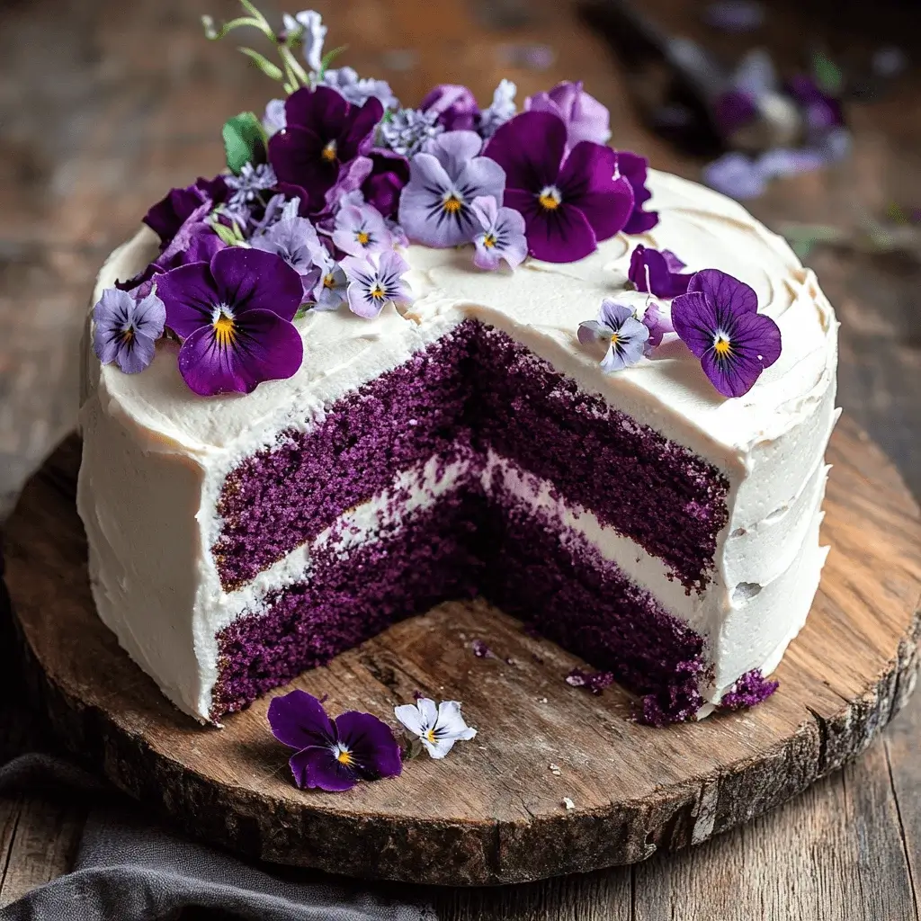 Close-up of a purple velvet cake slice on a plate.