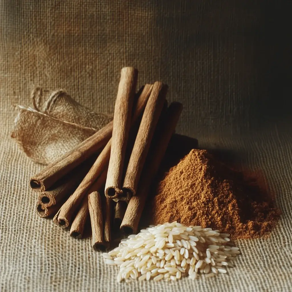 Cinnamon sticks and powder with rice grains