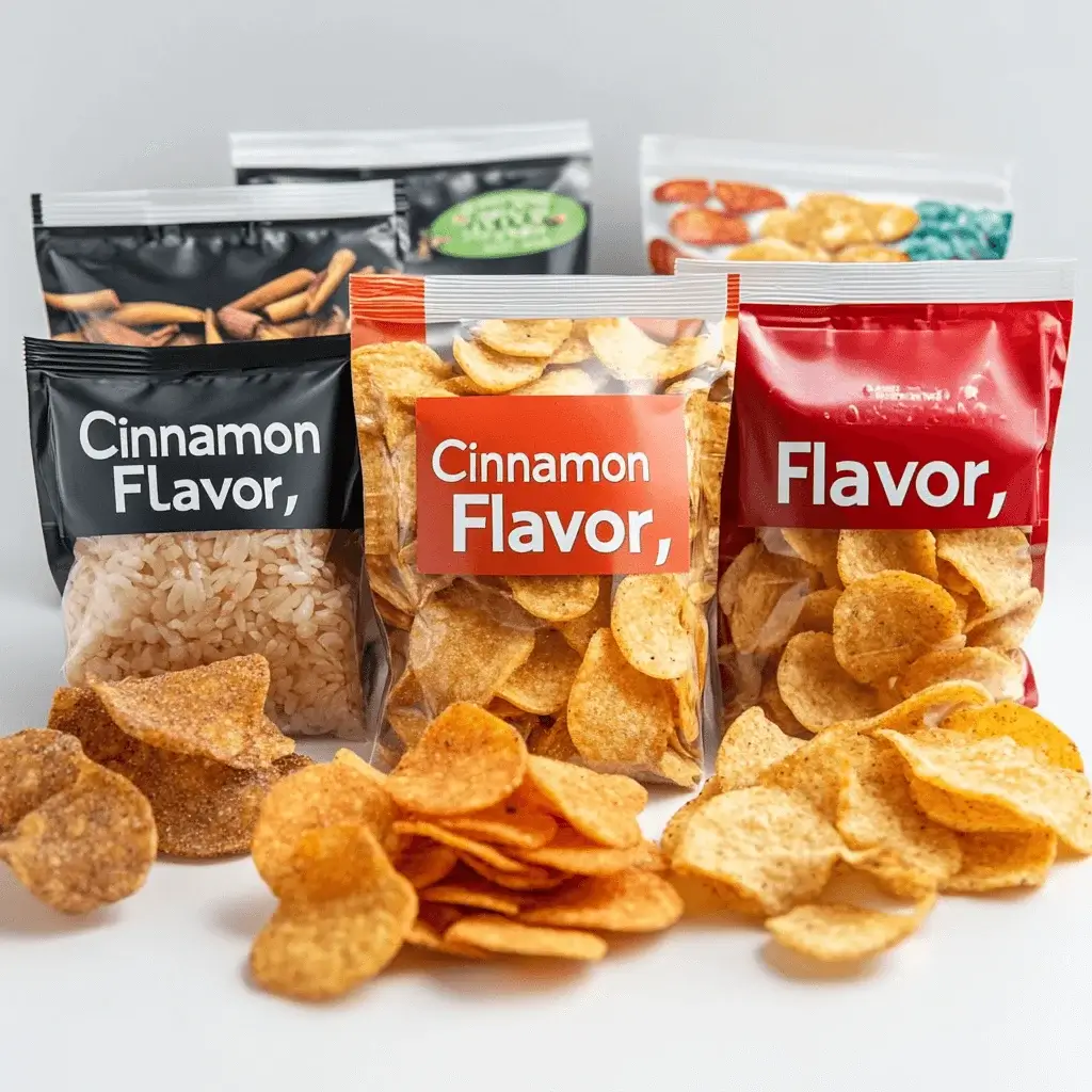 Packaged rice chips with cinnamon flavor