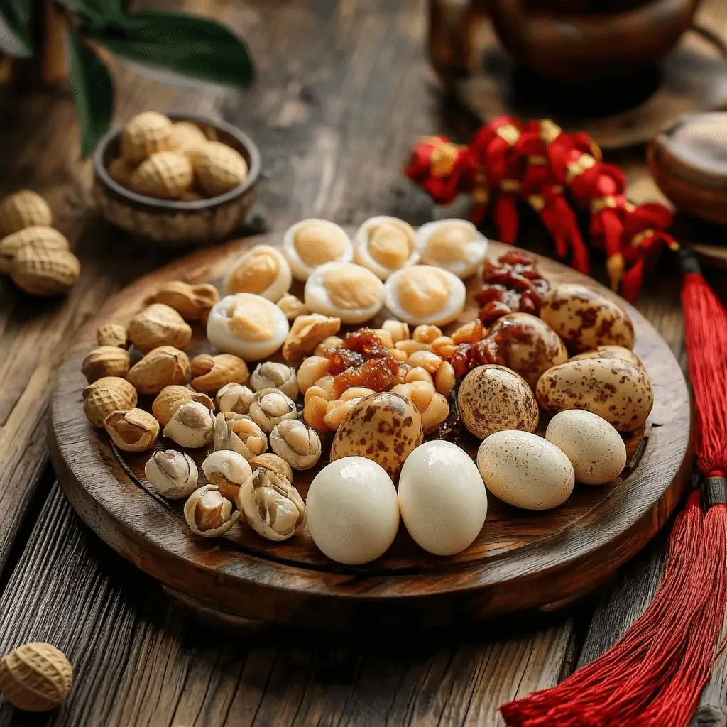 Fusion dish featuring cracked shell snacks as a garnish