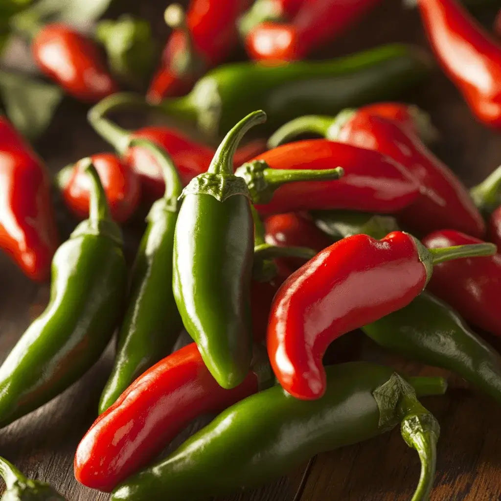 Fresh green and red serrano peppers