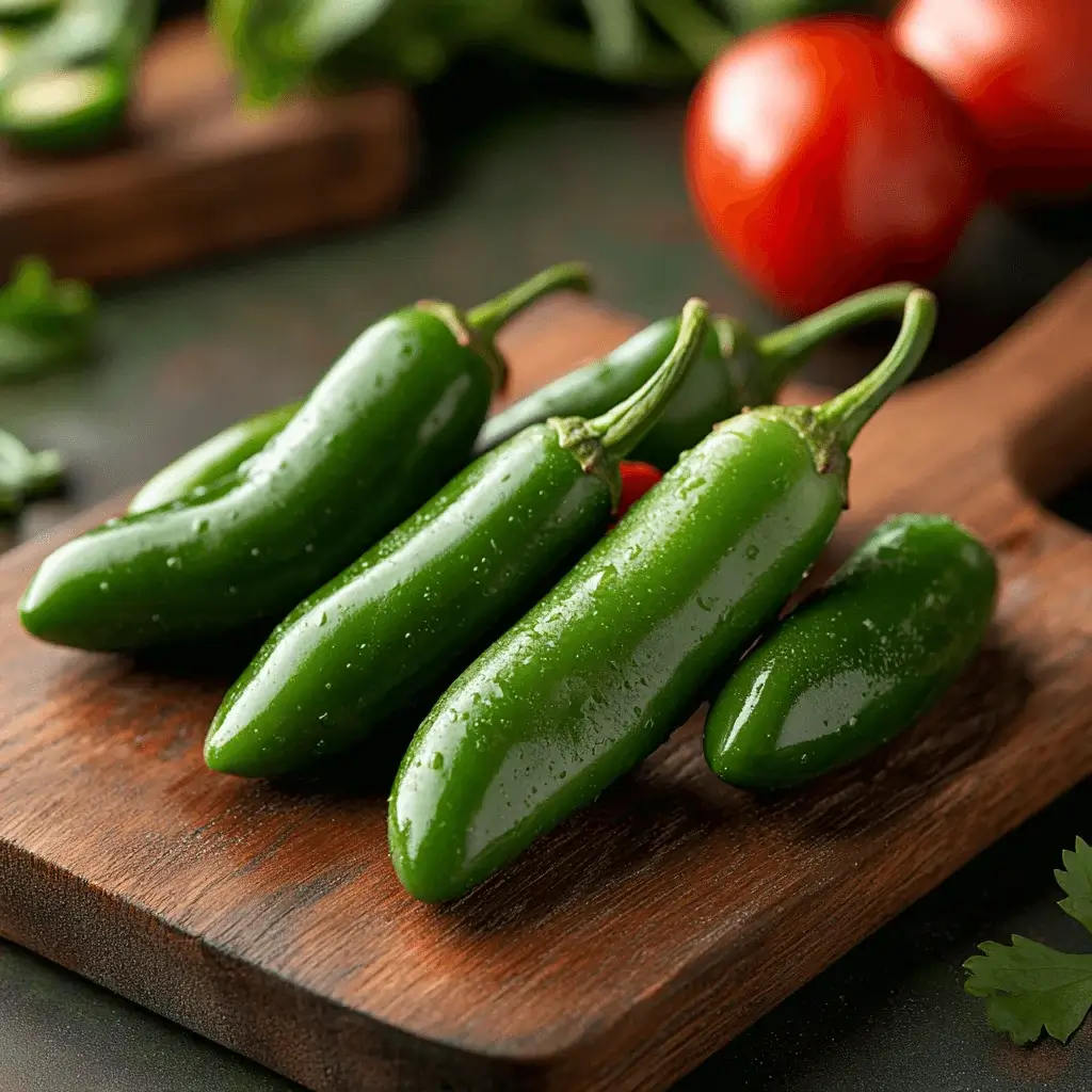 Close-up of fresh Serrano peppers on a cutting board