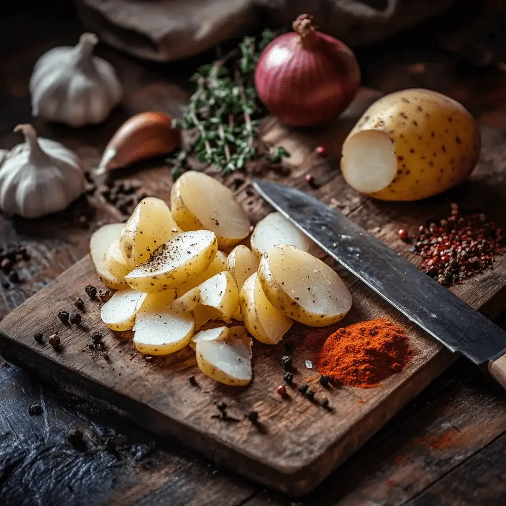 Freshly peeled potatoes, onions, garlic, and spices on a wooden cutting board.