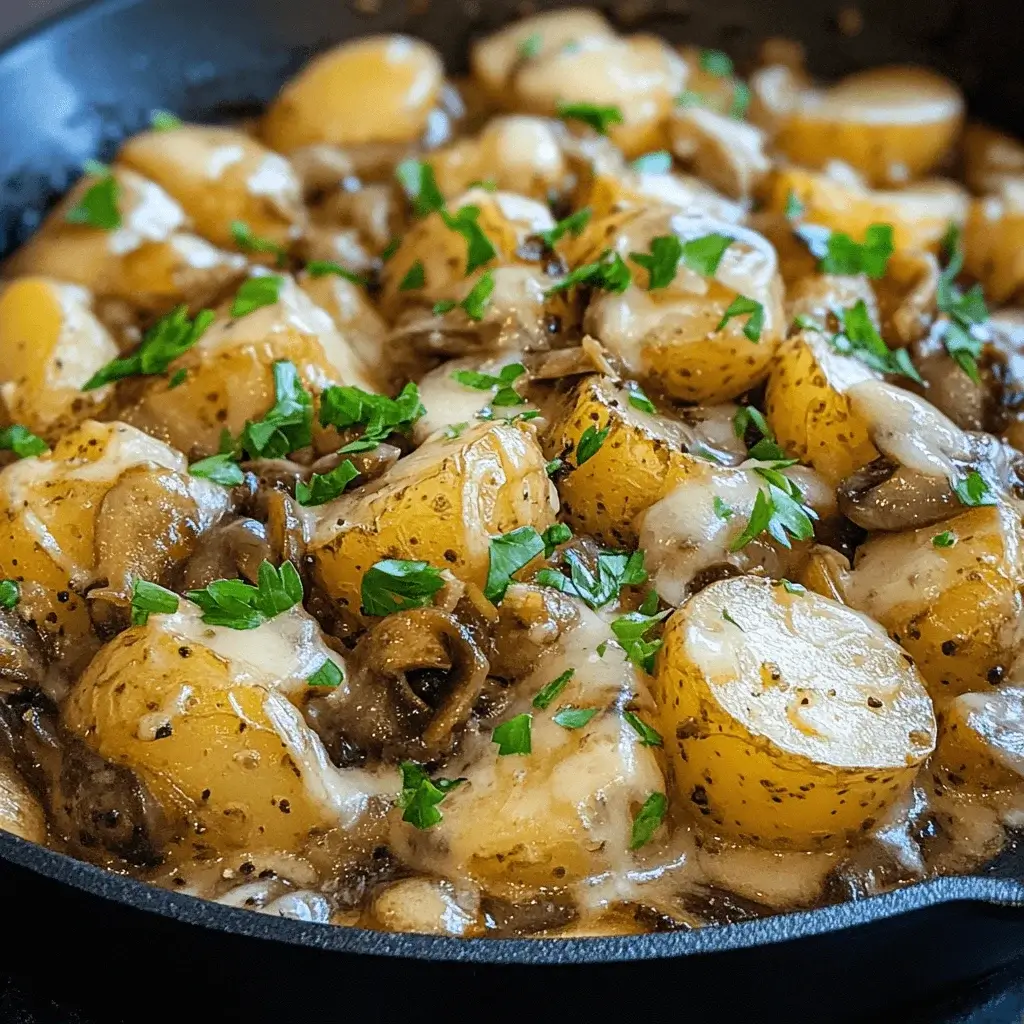 A plate of golden-brown smothered potatoes garnished with fresh parsley.