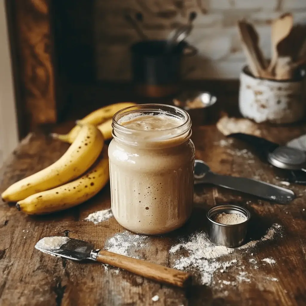 Sourdough starter in a glass jar next to ripe bananas.