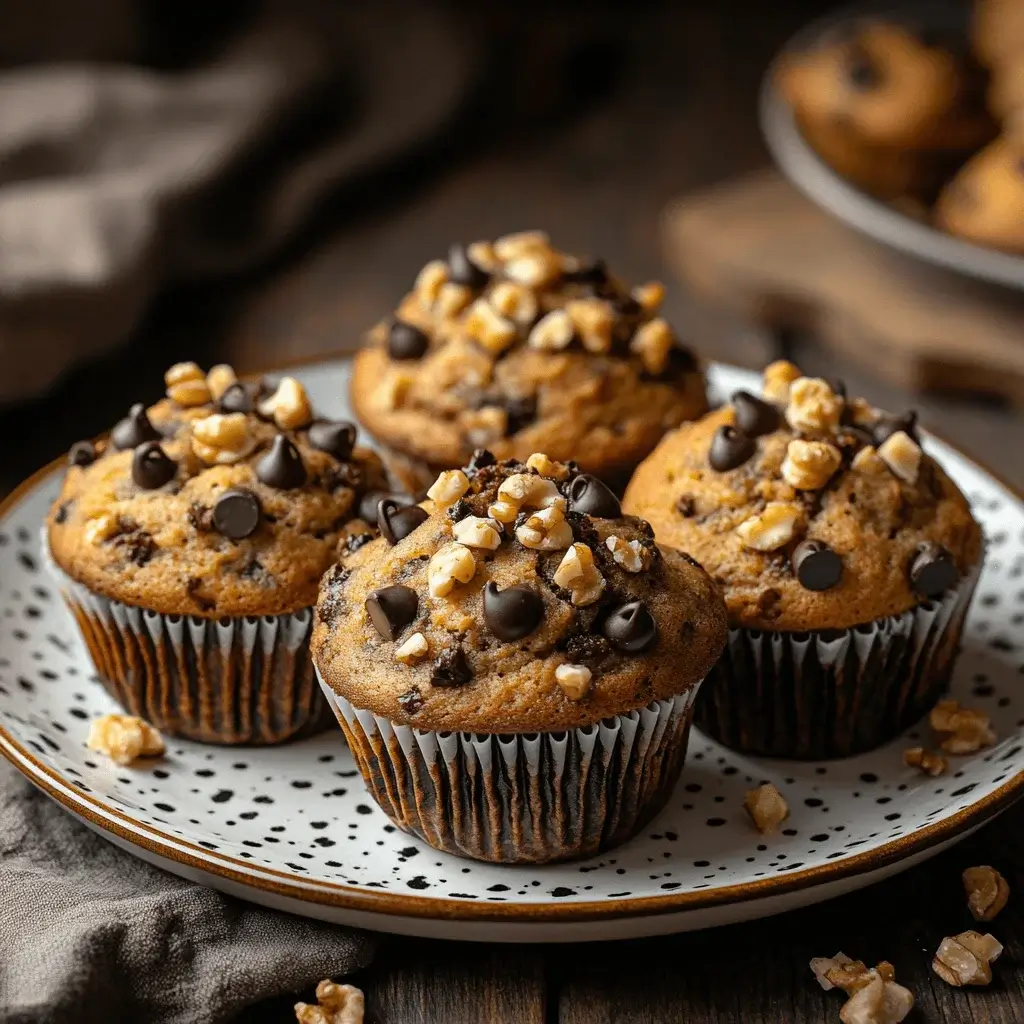 Sourdough banana muffins with chocolate chips and walnuts.