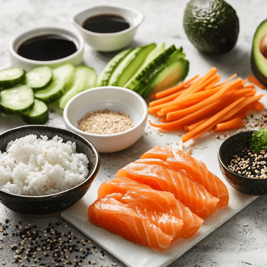 Ingredients for making sushi cakes arranged neatly on a countertop.