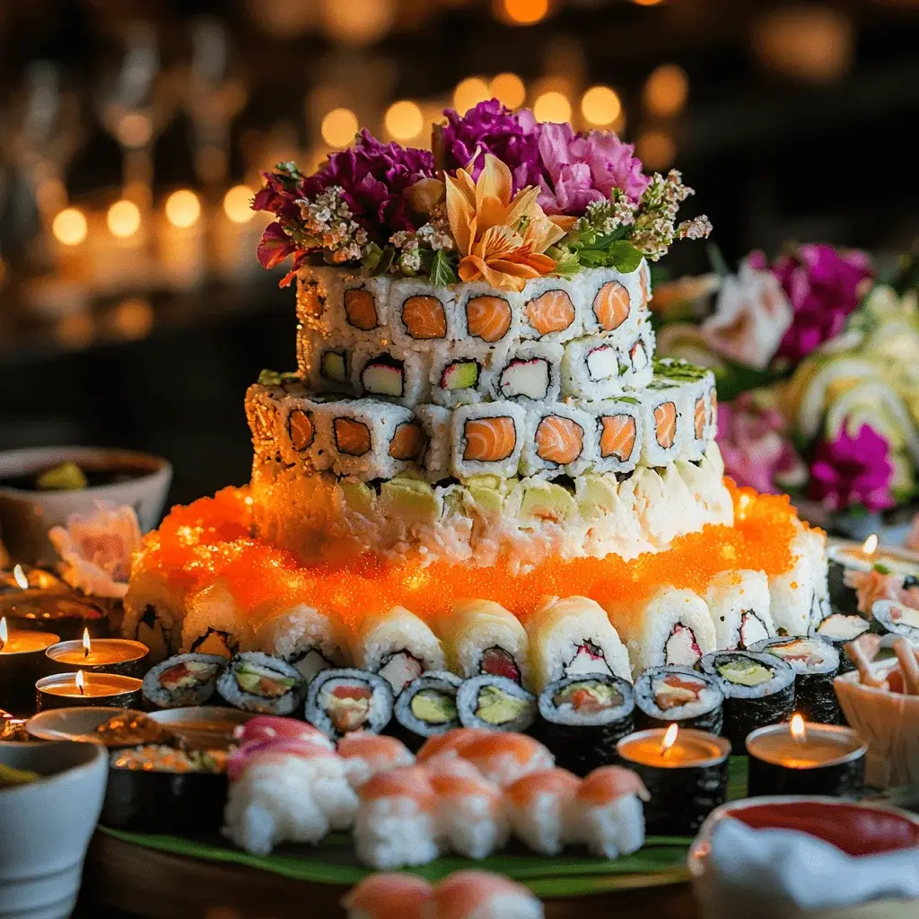 A sushi cake centerpiece for a festive table setup.