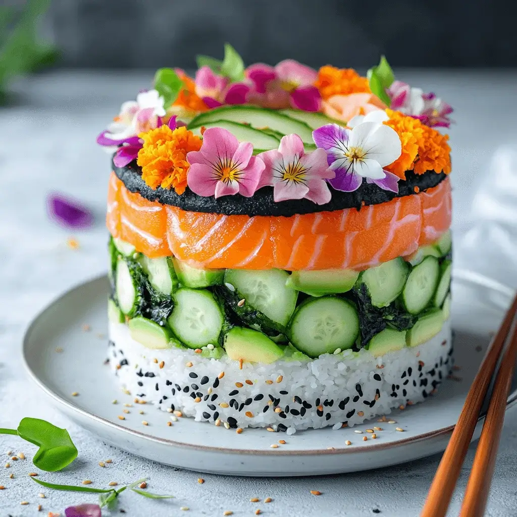 A vibrant sushi cake decorated with fresh fish and vegetables.