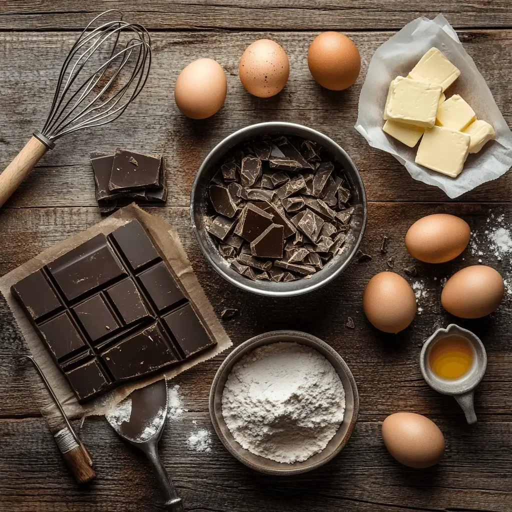 Swiss chocolate, butter, sugar, eggs, and other cake ingredients laid out on a wooden counter