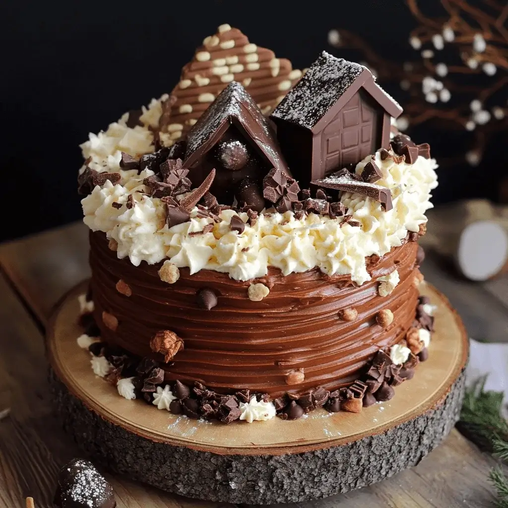 A slice of Swiss Chocolate Chalet Cake served on a white plate with a fork