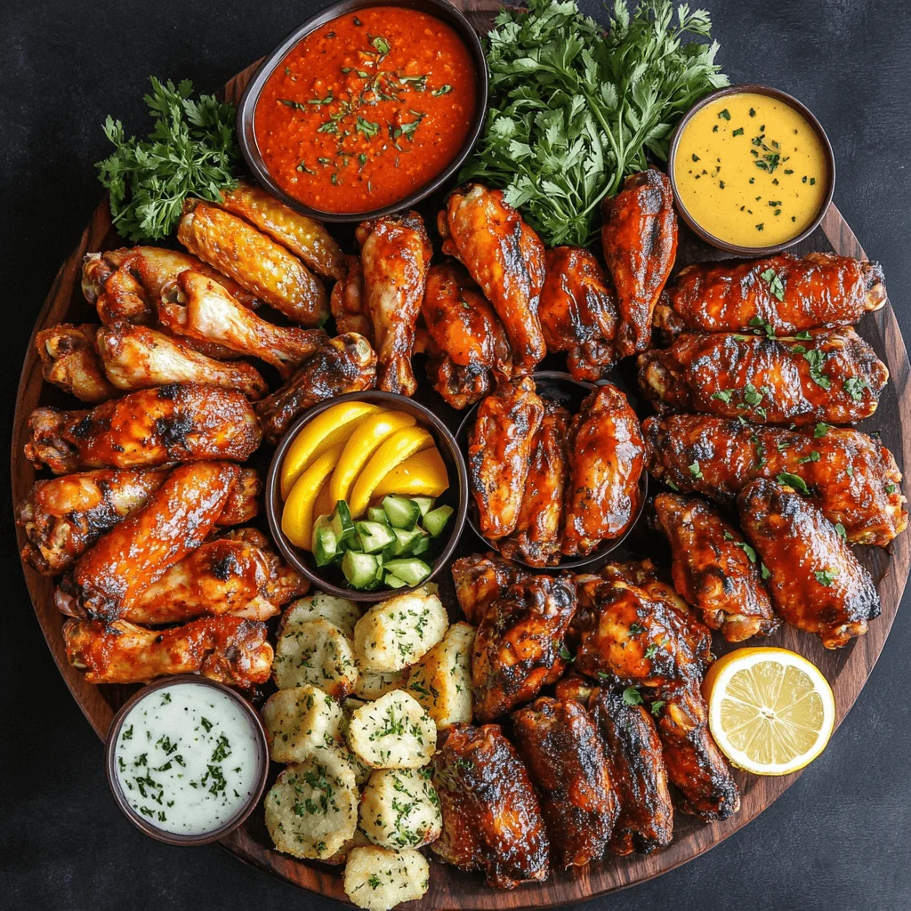 A platter featuring multiple turkey wing recipes, including buffalo, honey garlic, and herb-roasted wings.