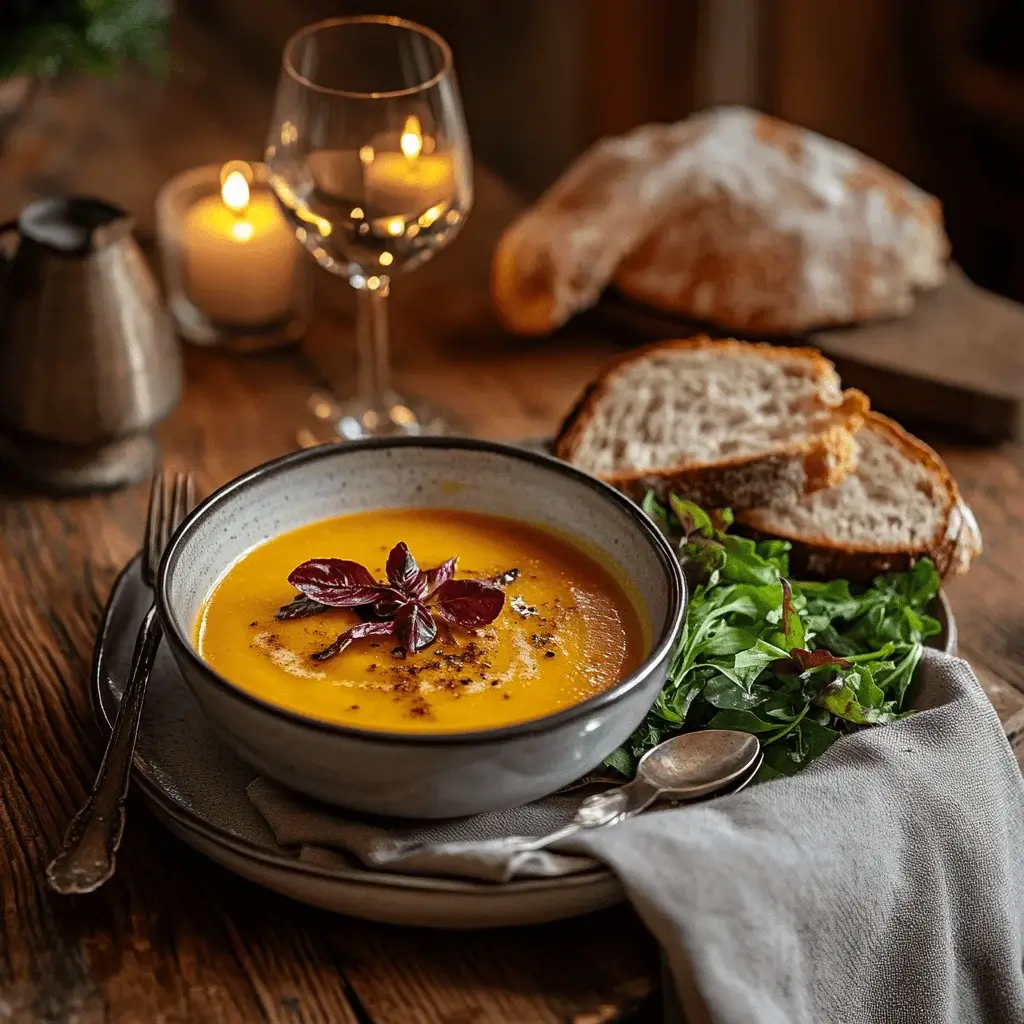 Kabocha squash soup served with crusty bread and a side salad.