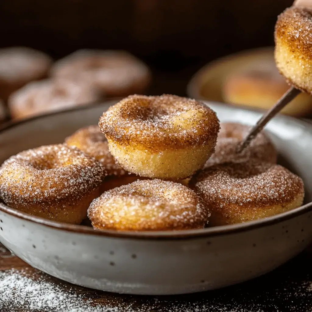 Freshly baked cinnamon sugar donut muffins coated in sugar.