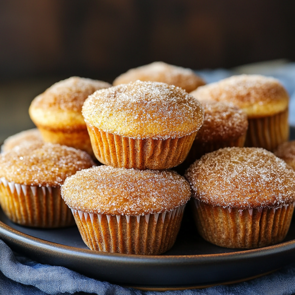 Vegetarian cinnamon sugar donut muffins on a rustic table.