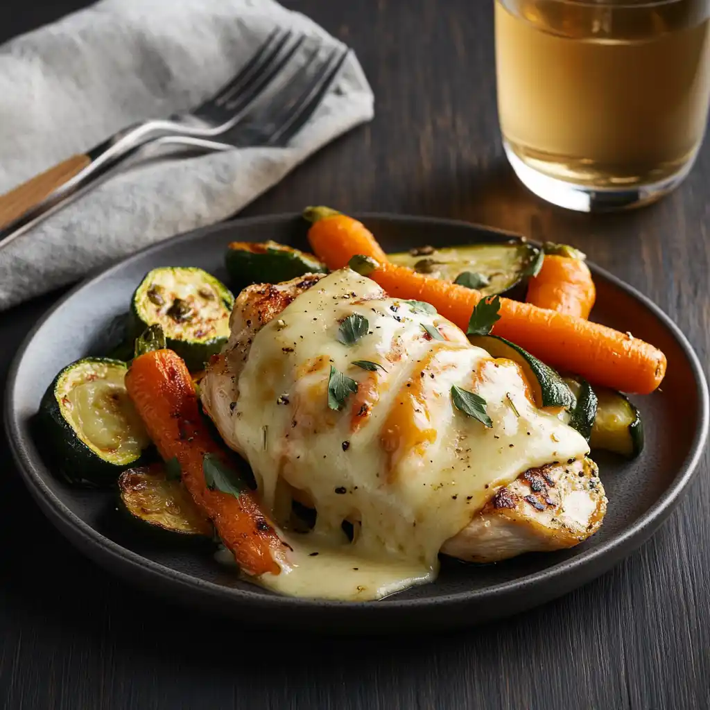 Alice Springs Chicken served with roasted vegetables and a glass of white ice tea