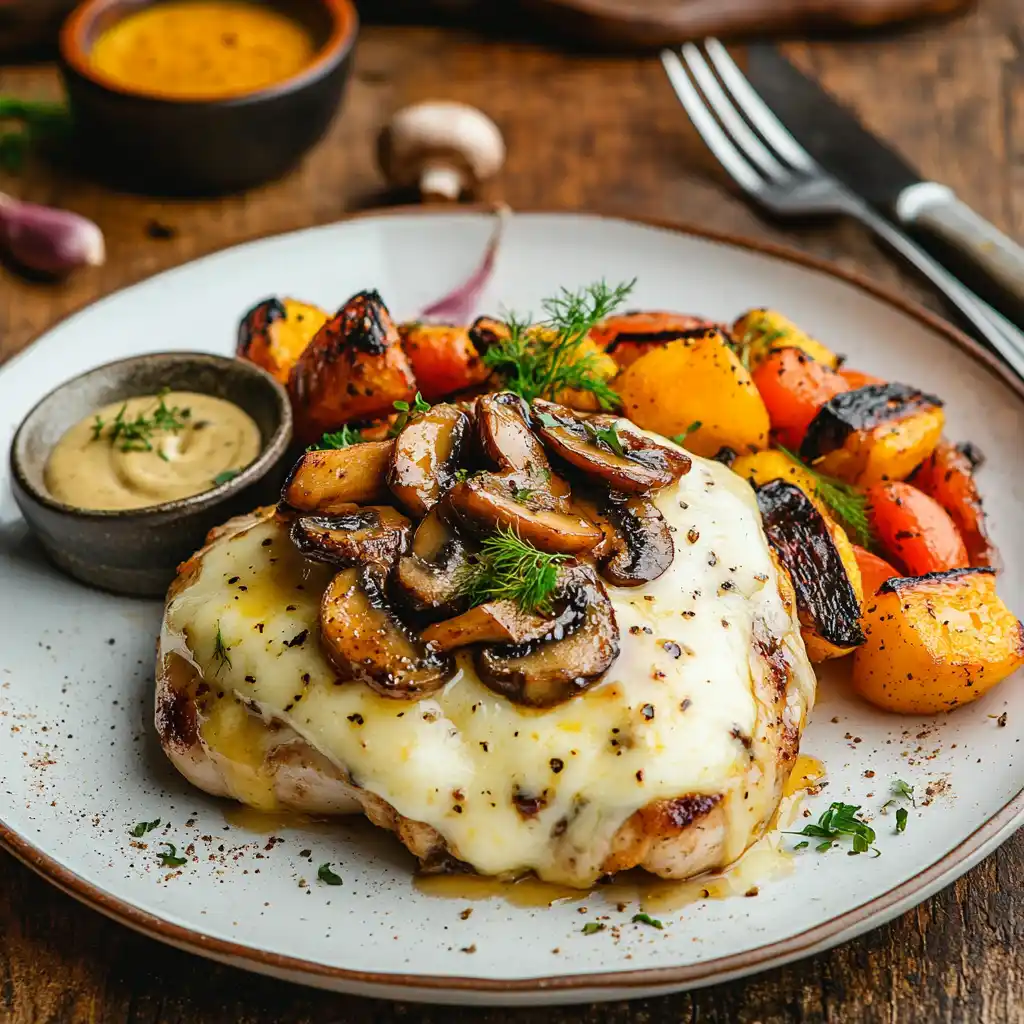 Delicious Alice Springs Chicken served with honey mustard sauce and sautéed mushrooms