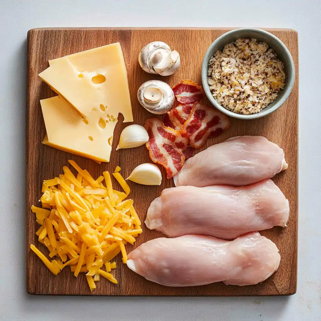 Ingredients for Alice Springs Chicken Recipe including chicken breasts, cheese, and honey mustard sauce