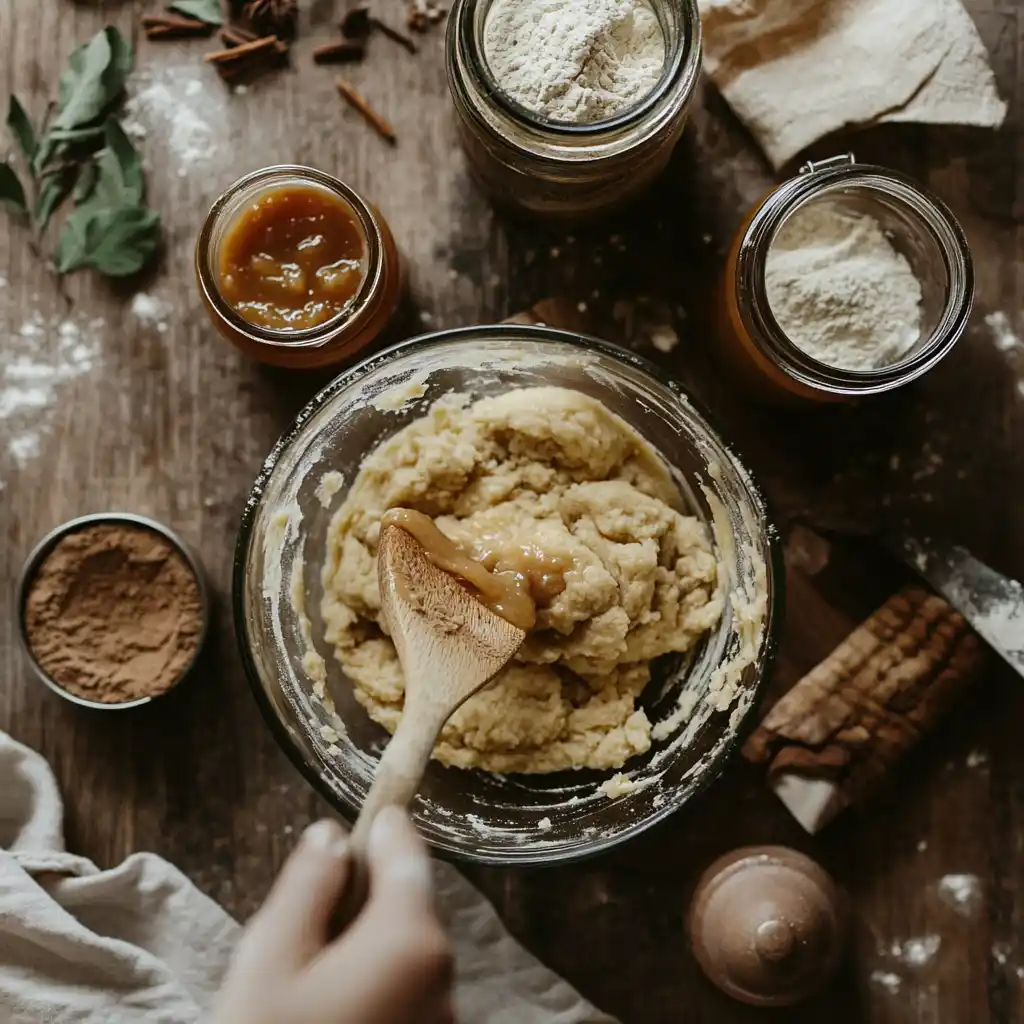 A step-by-step process of making apple butter cookie dough.