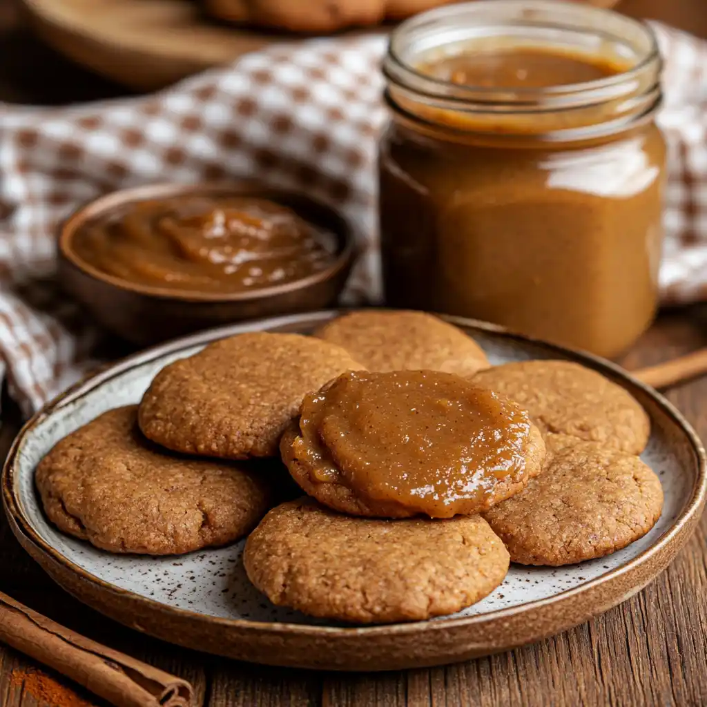 A plate of freshly baked apple butter cookies with a jar of apple butter.