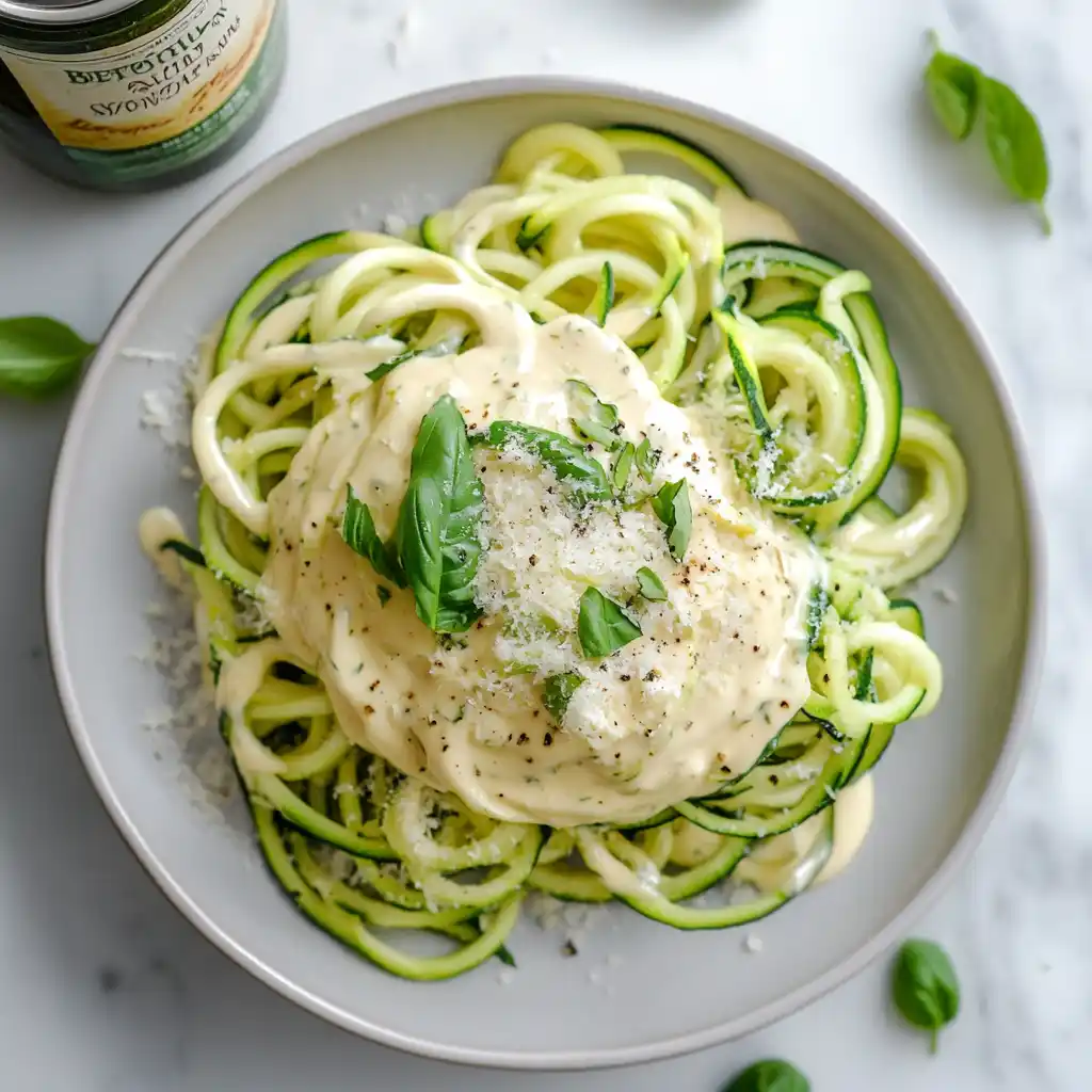 Zucchini noodles with Bertolli Alfredo Sauce.