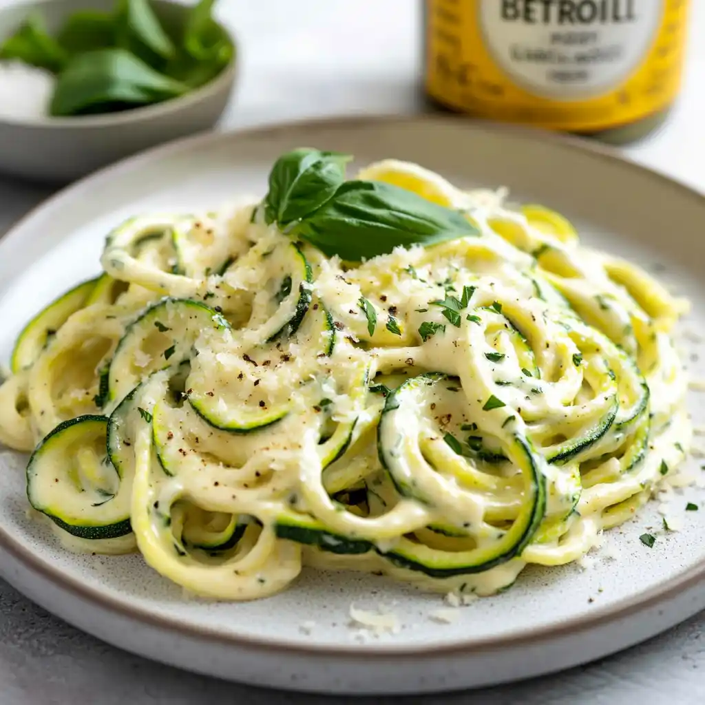 Bertolli Alfredo Sauce jar with creamy pasta.