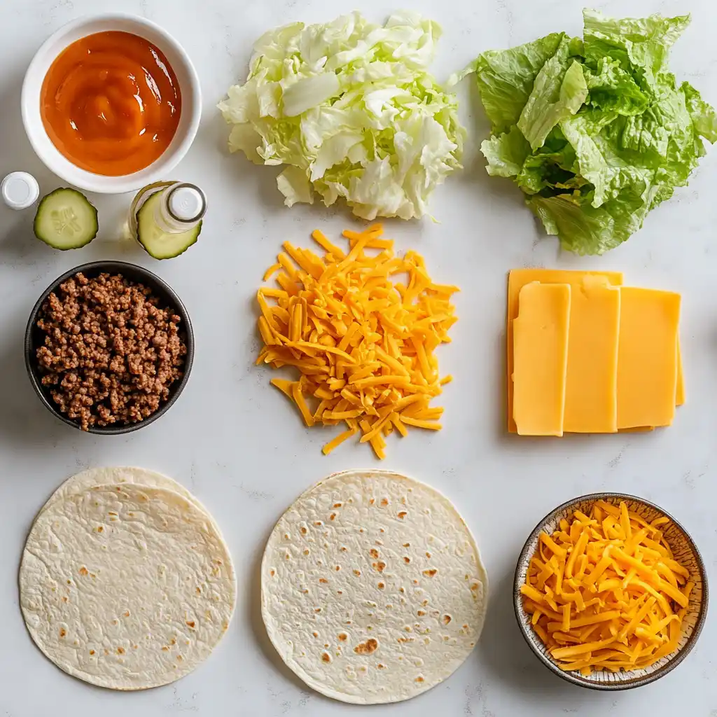 Big Mac wrap ingredients laid out, including ground beef, tortillas, lettuce, cheese, pickles, and sauces.