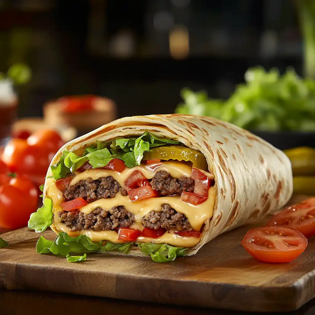 A delicious and neatly assembled Big Mac wrap with fresh lettuce, cheese, beef, and special sauce.